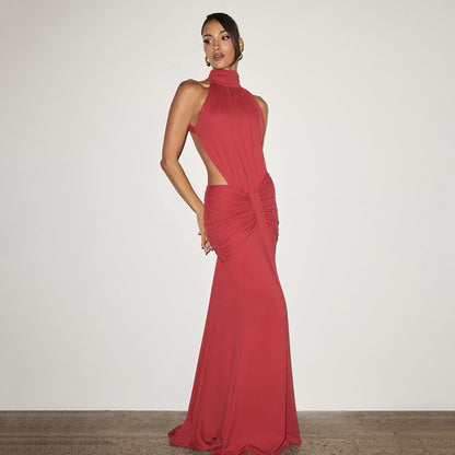 Halter Pleated Slim Fit Maxi Dress High Neck Sexy Backless Cocktail Dress FDxojjc