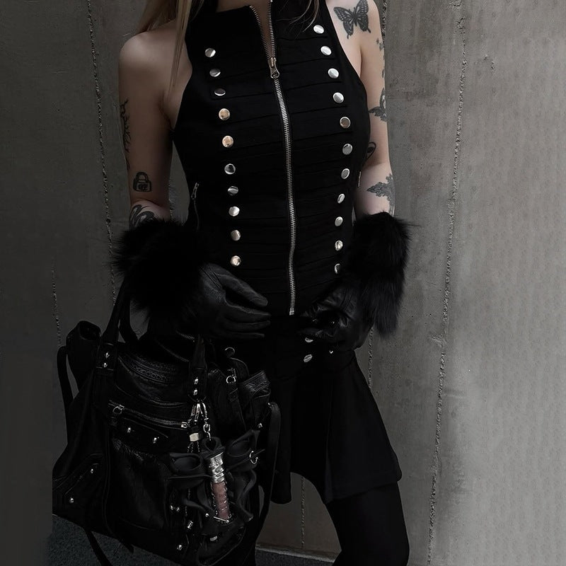 Dark Asian Culture Multi Metal Buckle Stand Collar Zipper Slim Fit Short Sexy Sleeveless Top for Women WHATOWEAR