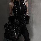 Dark Asian Culture Multi Metal Buckle Stand Collar Zipper Slim Fit Short Sexy Sleeveless Top for Women WHATOWEAR