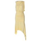 Women Clothing Summer Sleeveless Pleated Waist Tight Slimming Irregular Asymmetric Dress Flash Vision