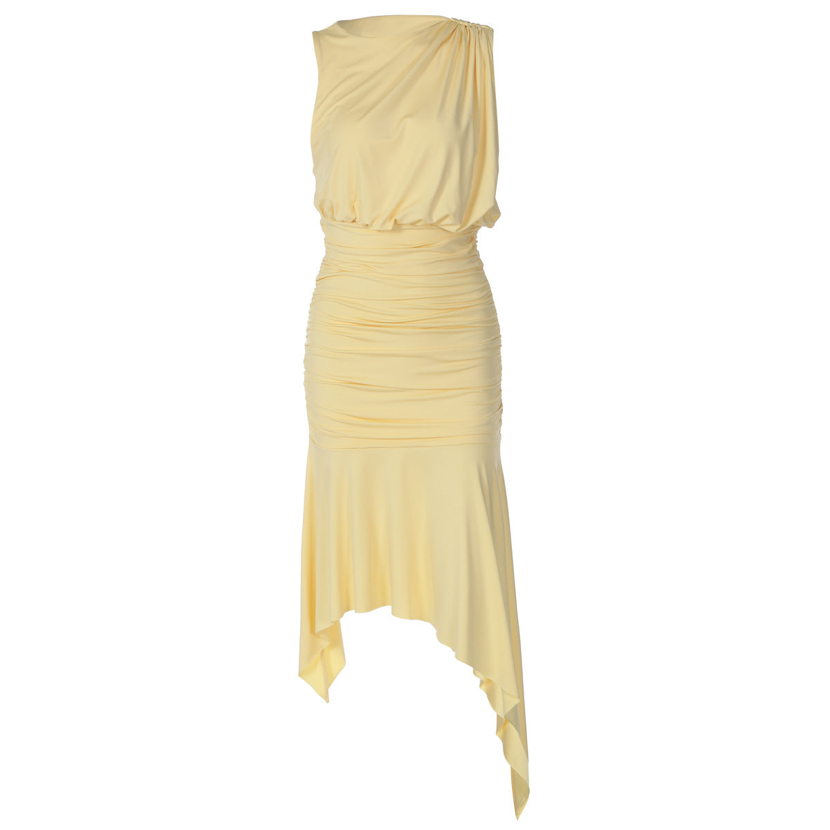 Women Clothing Summer Sleeveless Pleated Waist Tight Slimming Irregular Asymmetric Dress Flash Vision