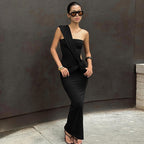 Women Clothing Fashionable Shoulder Pleated Stitching Sexy Slim Hip Sexy Dress Dores