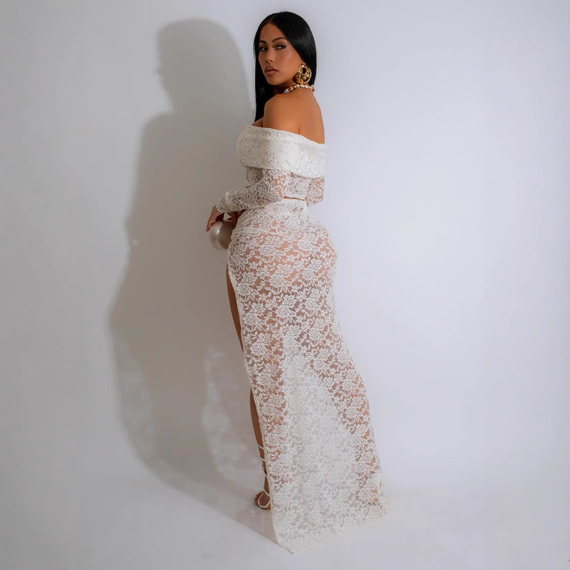 Falda de traje de encaje con top de tubo sexy de otoño, falda plisada de manga larga con abertura alta para mujer