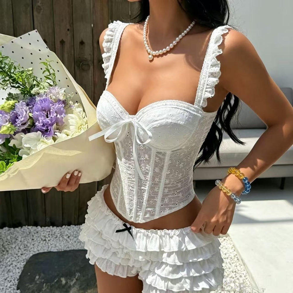 White Embroidered Ruffled Spaghetti Straps Vest Women Summer Slim Fit Sexy Boning Corset Bra Tube Top SaturdayNight