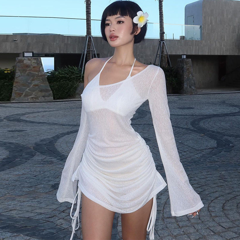 Vestido plisado transparente de manga larga con hombros descubiertos y sexy para mujer