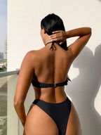 Traje de baño de una pieza para mujer, bikini sexy de color sólido con cuello halter