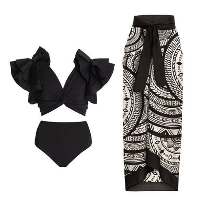 Maillot de bain rétro taille haute fendu pour femme, ensemble bikini à volants, jupe de plage en mousseline