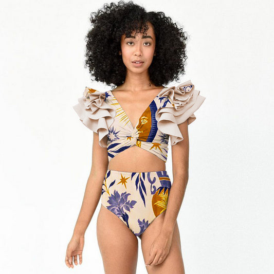 Traje de baño sexy adelgazante con pantalones de cintura alta y mangas de loto para mujer
