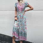 Women Summer Ethnic Holiday Dress V neck Tight Waist Petal Sleeve Mid Length Split Dress Jeme