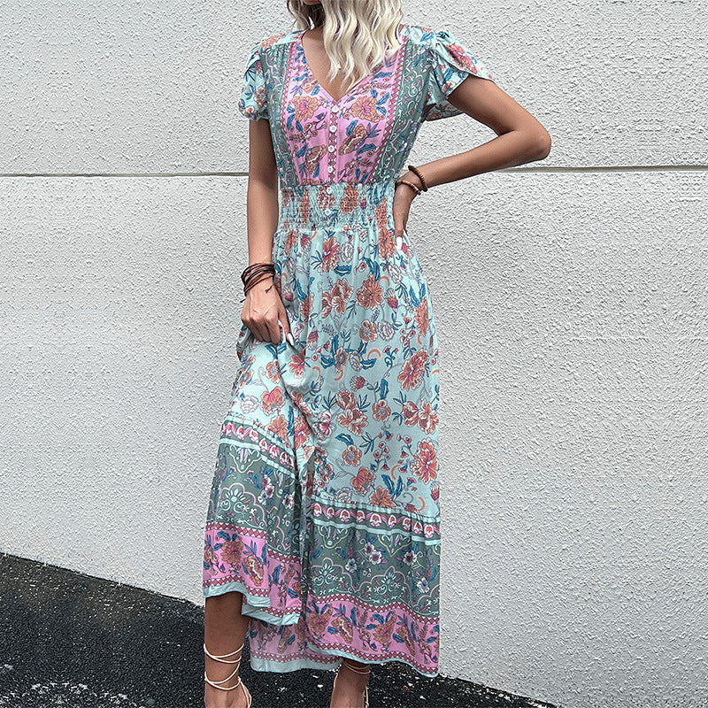 Women Summer Ethnic Holiday Dress V neck Tight Waist Petal Sleeve Mid Length Split Dress Jeme