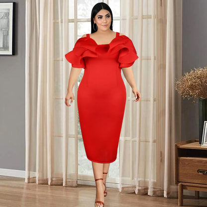 Sexy Spaghetti-Strap Ruffle Elegant Slim High Waist Slimming Sheath plus Size Dress Women Dress