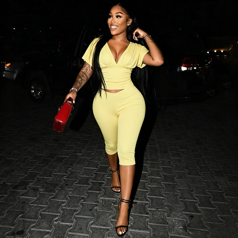 Tight Women Pleated Solid Color Blouse Pants out V neck Short Sleeve Sports Two Piece Sets Kinci