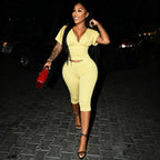 Tight Women Pleated Solid Color Blouse Pants out V neck Short Sleeve Sports Two Piece Sets Kinci