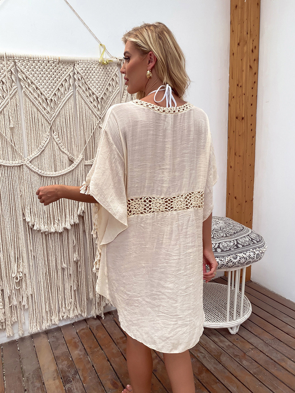 Outdoor Women Clothing Hand Crocheting Stitching Tassel Sexy Midi Dress Loose Sun Protection Beach Cover Up Geery