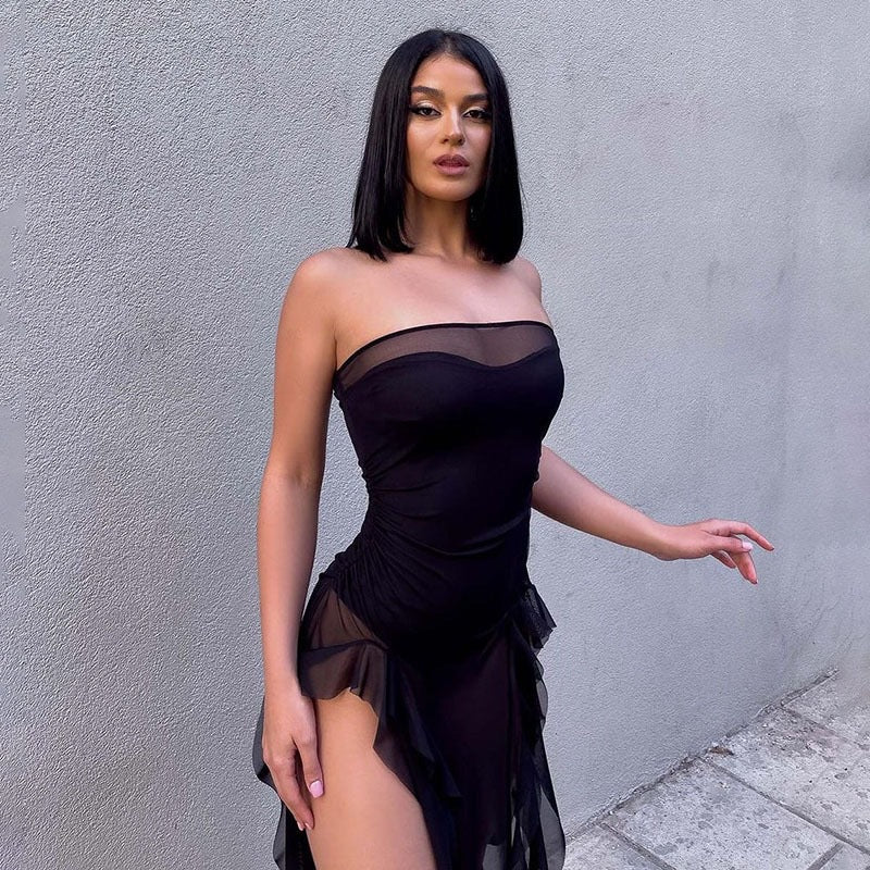 Women Clothing Summer Sexy Tube Top See through Korean Net Stitching Jellyfish Lace Dress Bailess