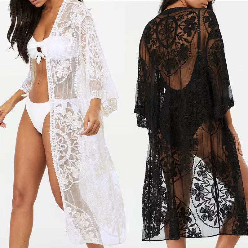 Lace Mesh Crochet Beach Cover up Seaside Vacation Bikini Sun Protection Clothing YTCYZ