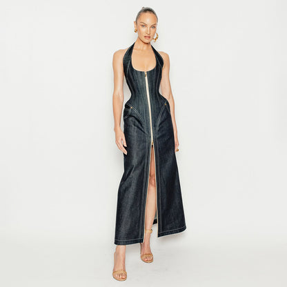 Elegant Solid Color Sleeveless Halter Slim Fit Backless Sheath Dress Denim Summer Sight