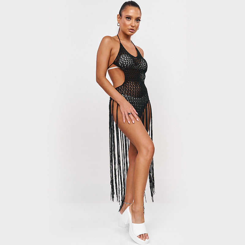 Sexy Hand Crocheting One Piece Tassel Beach Dress Backless Beach Bikini Cover up Sun Protective Clothing Mangar