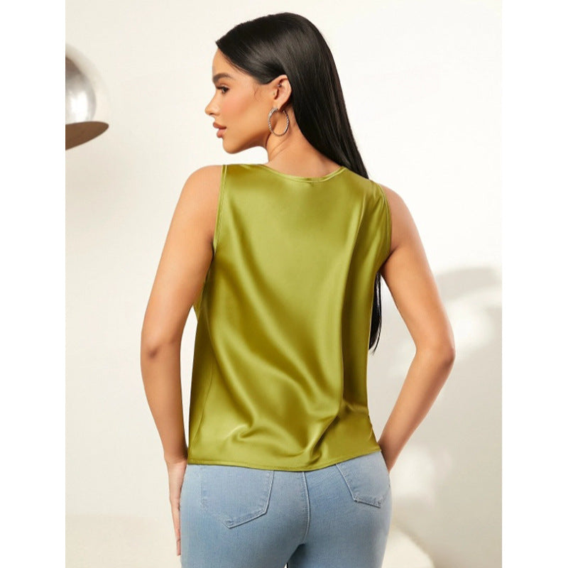 Blusa sin mangas de satén de verano con cuello de pila de color sólido para mujer