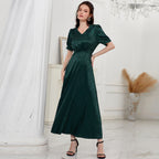 Women Clothing Summer Casual High Waist Solid Color V neck Puff Sleeve Dress MIYA
