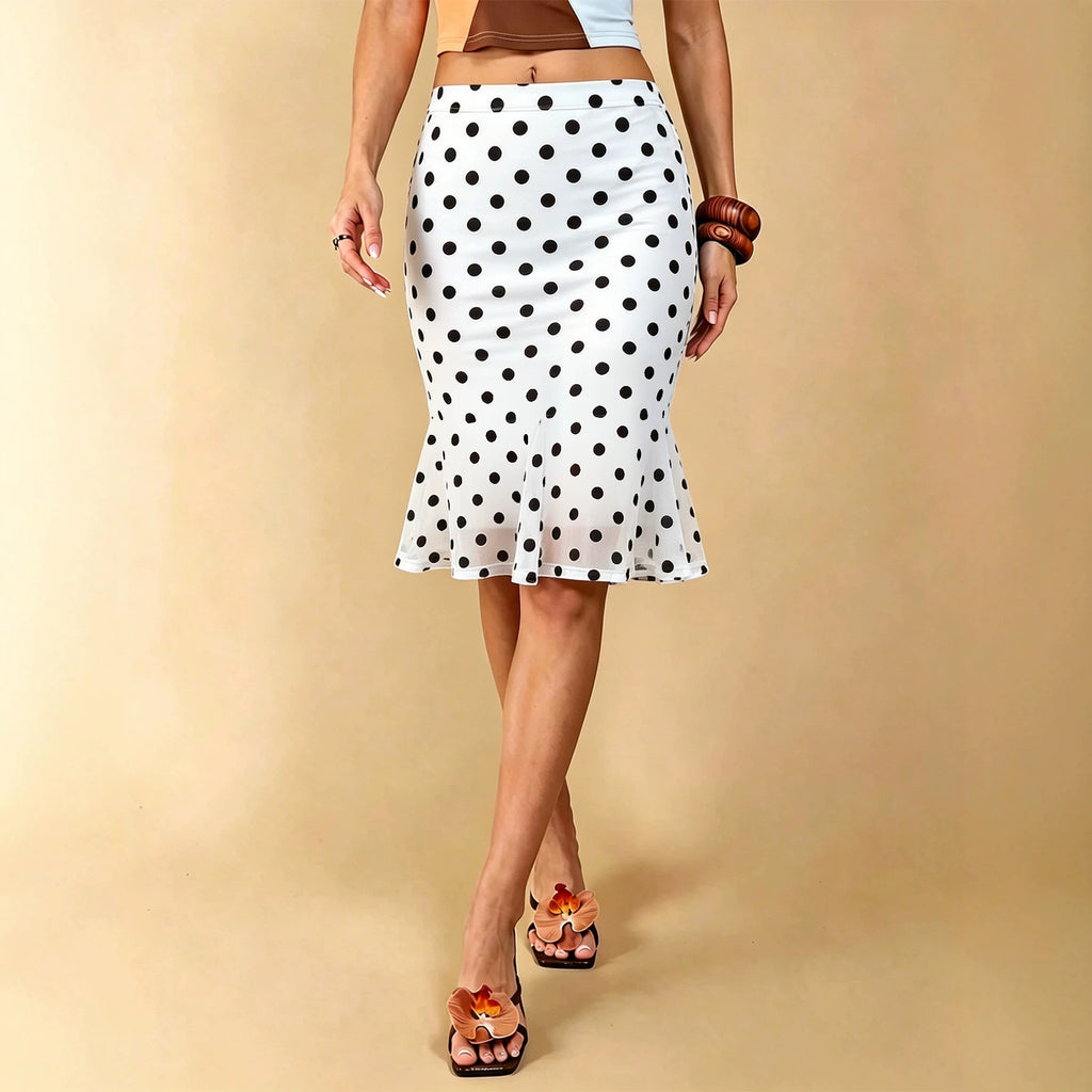 Summer Dot Mesh Fishtail Skirt Retro Ruffled Waist Tight Slimming Skirt Yiskiss