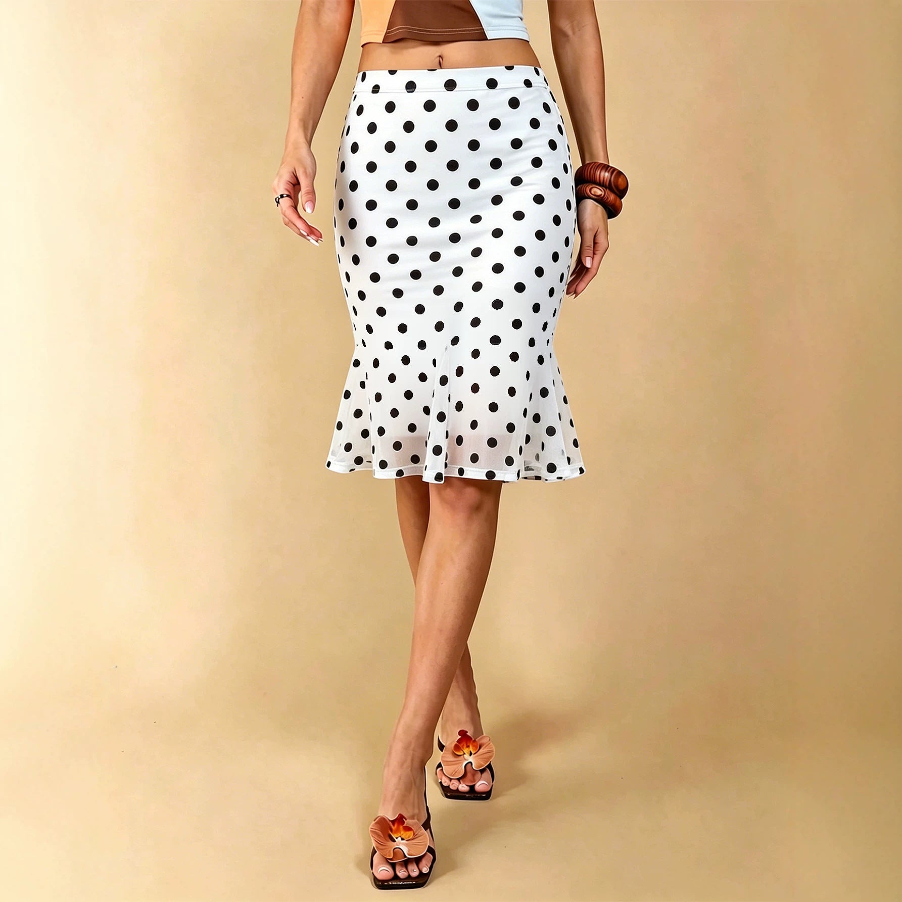 Summer Dot Mesh Fishtail Skirt Retro Ruffled Waist Tight Slimming Skirt Yiskiss