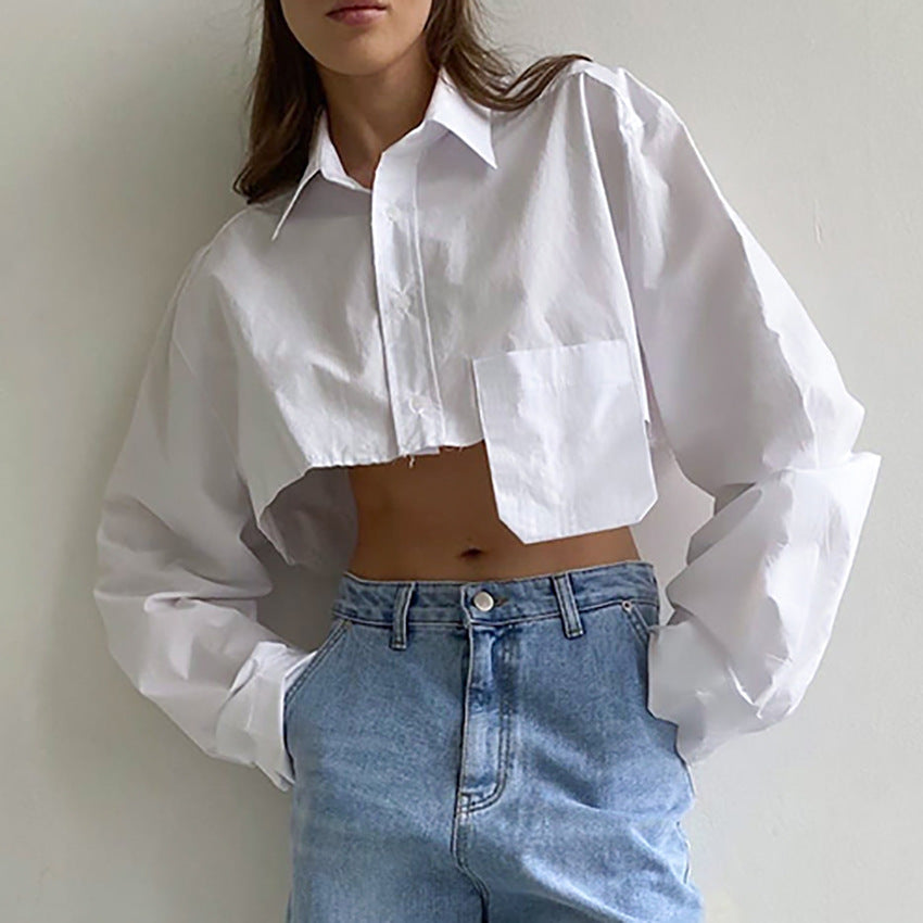 Camisa corta de otoño con costuras asimétricas, informal, con un diseño elegante y elegante, color blanco, para mujer.
