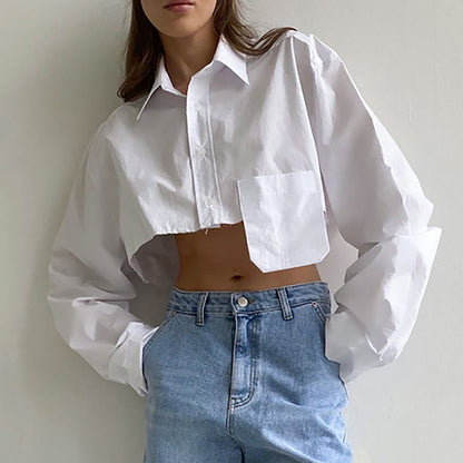 Camisa corta de otoño con costuras asimétricas, informal, con un diseño elegante y elegante, color blanco, para mujer.