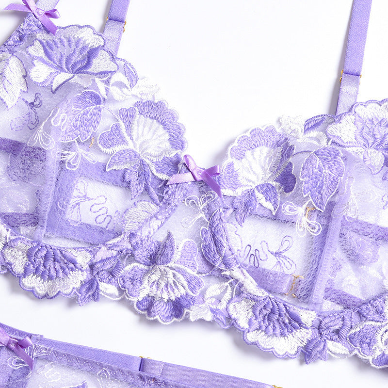 Hollow Out Cutout Floral Embroidery Lace Three-Point Garter Sexy Suit Three-Piece Set