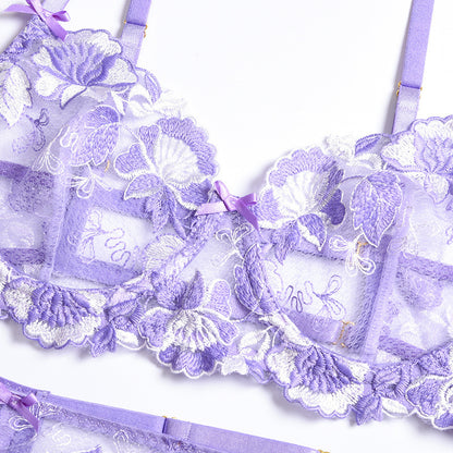 Hollow Out Cutout Floral Embroidery Lace Three-Point Garter Sexy Suit Three-Piece Set