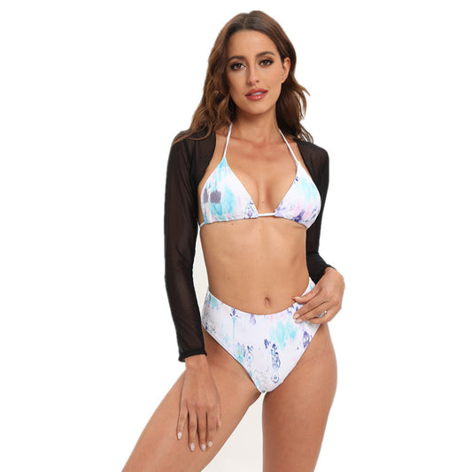 Women Seperated Swimwear Mesh Outerwear Three Piece Set Sexy Graffiti Bikini Bikini