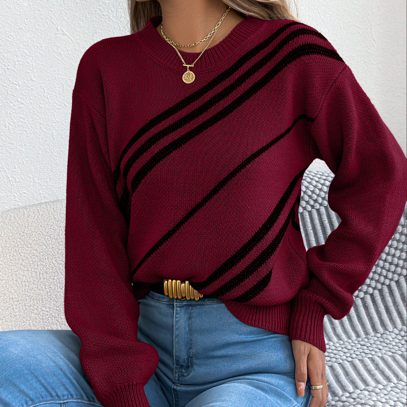 Women Clothing Autumn Winter Casual Striped round Neck Lantern Long Sleeve Pullover