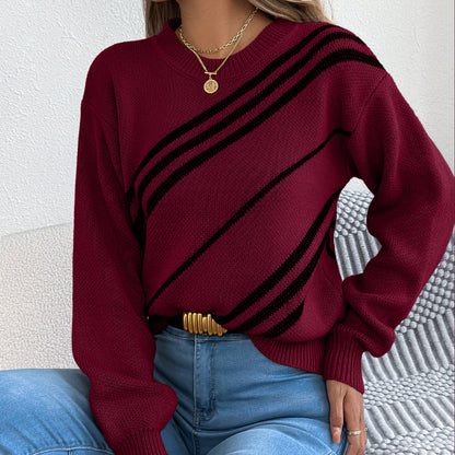 Women Clothing Autumn Winter Casual Striped round Neck Lantern Long Sleeve Pullover