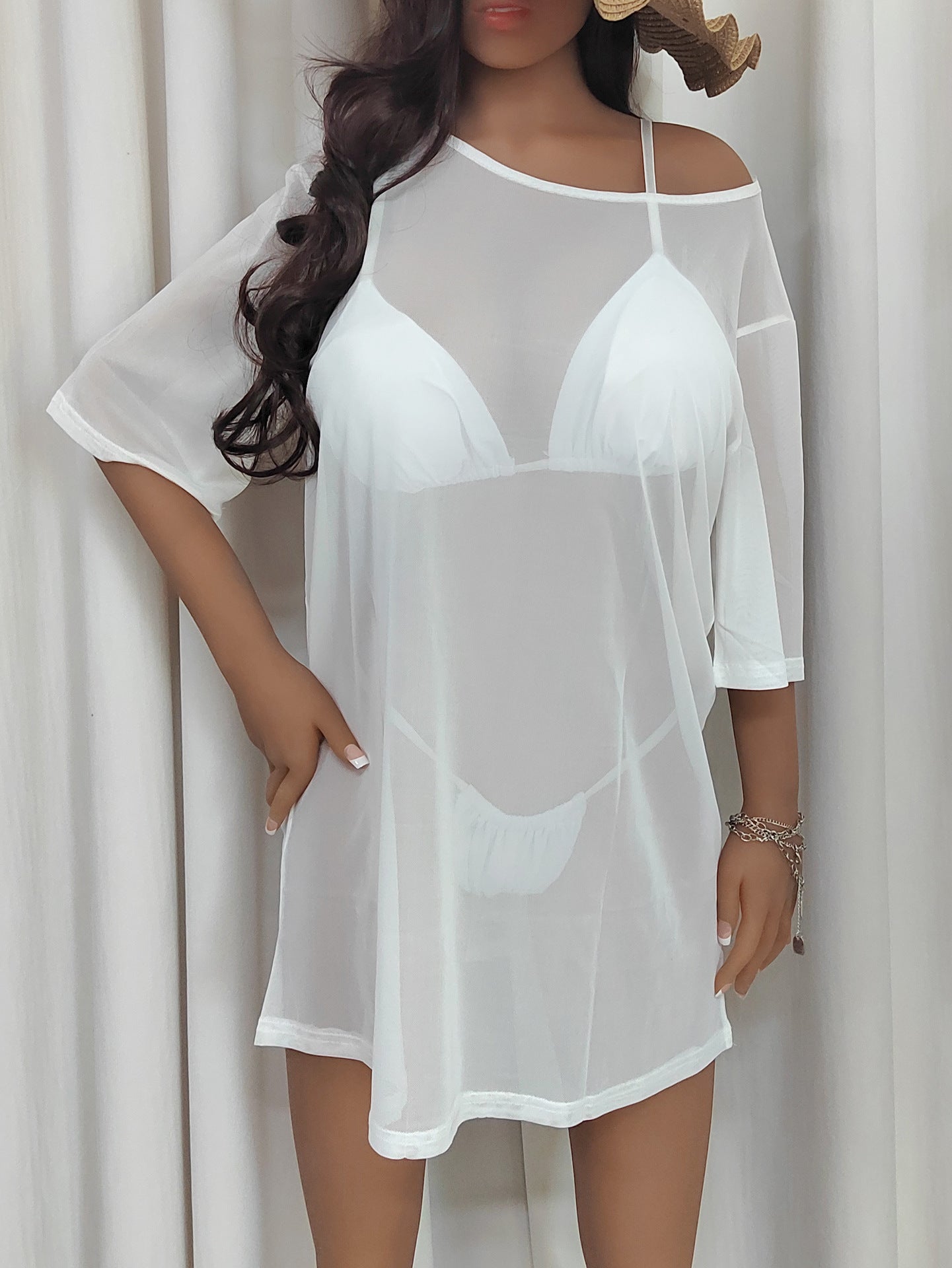 Women Clothing Sexy See through Tulle Half Sleeve Casual T shirt All Matching Smock Women