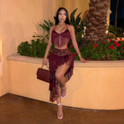 Stitching Printing Tassel Lace up Tube Top Irregular Asymmetric Skirt Set Coya