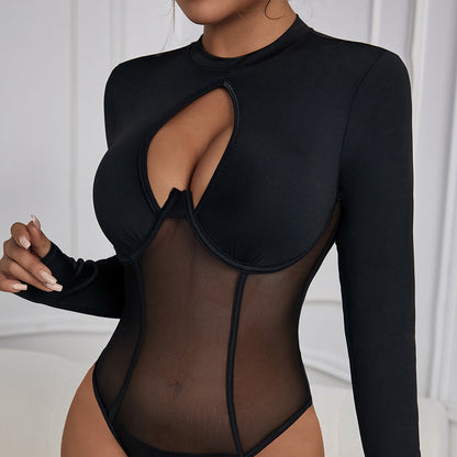 Backless Round Neck Hollow Out Cutout Sexy Mesh Slim Fit Patchwork Inner Push Up Jumpsuit