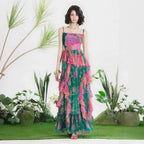 Autumn Floral Print Pleated Suspender Chiffon Midi Dress XUYUN