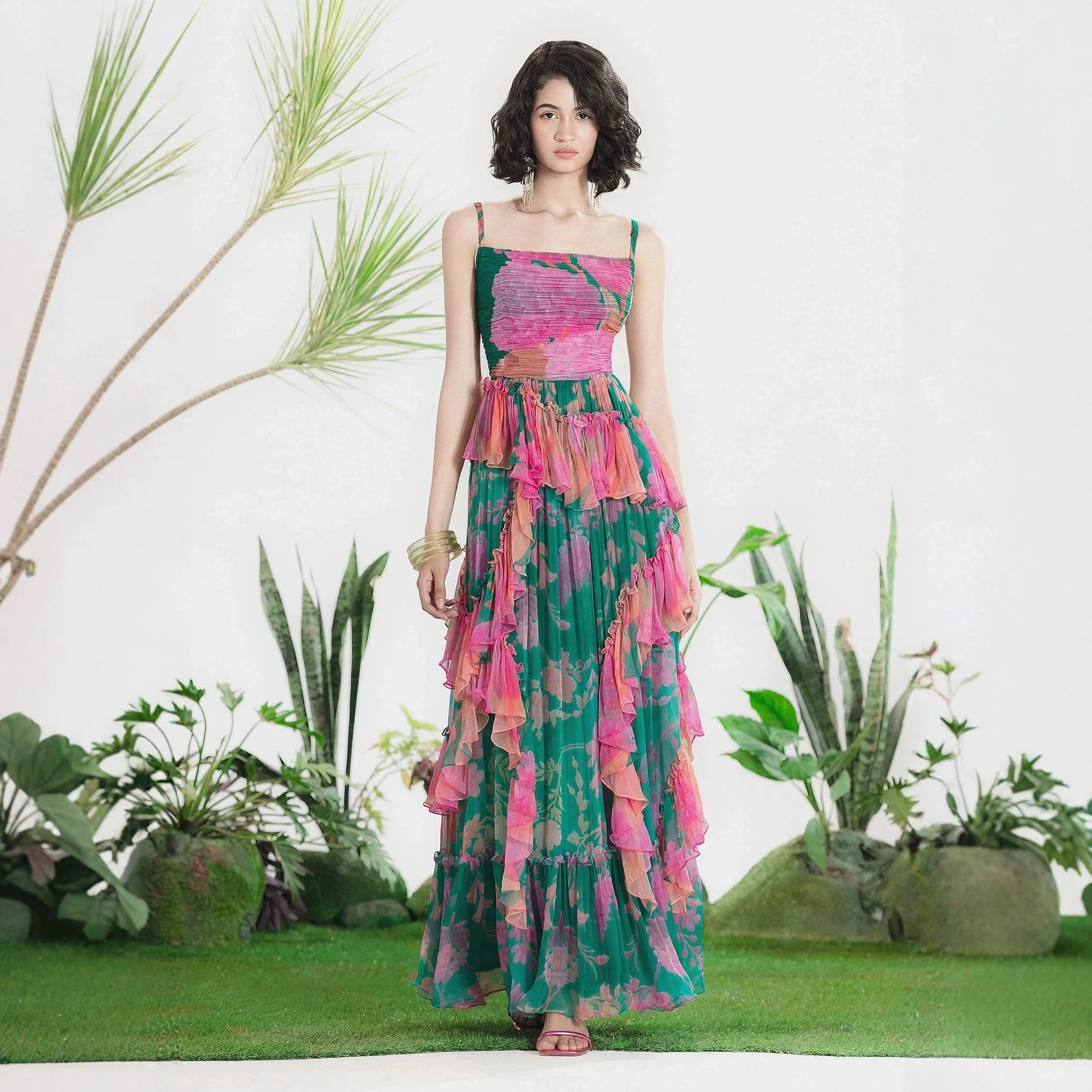 Autumn Floral Print Pleated Suspender Chiffon Midi Dress XUYUN
