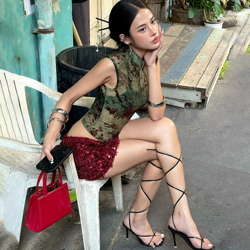 Spring Women Clothing Printed Slim Mandarin Collar Personality See through Sleeveless Waist-Controlled Top YIMAIL