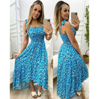 Spring Summer Pleated Strap Floral Dress Home Loose Lace up Large Swing Oyrina