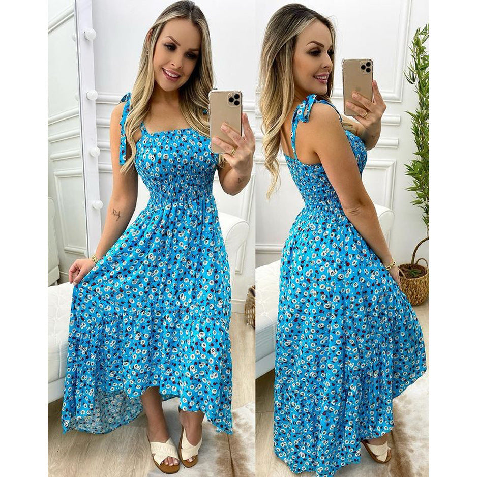 Spring Summer Pleated Strap Floral Dress Home Loose Lace up Large Swing Oyrina