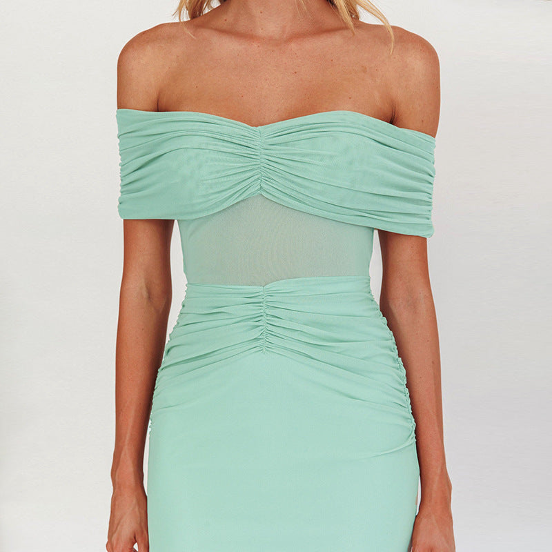 Solid Color Tube Top off Shoulder Mesh Pleated Slim Fit Maxi Dress Dress HONEYBADGER