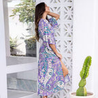 Summer Batwing Sleeve V neck Waist Slimming Maxi Dress Beach Holiday Dress JoyMer