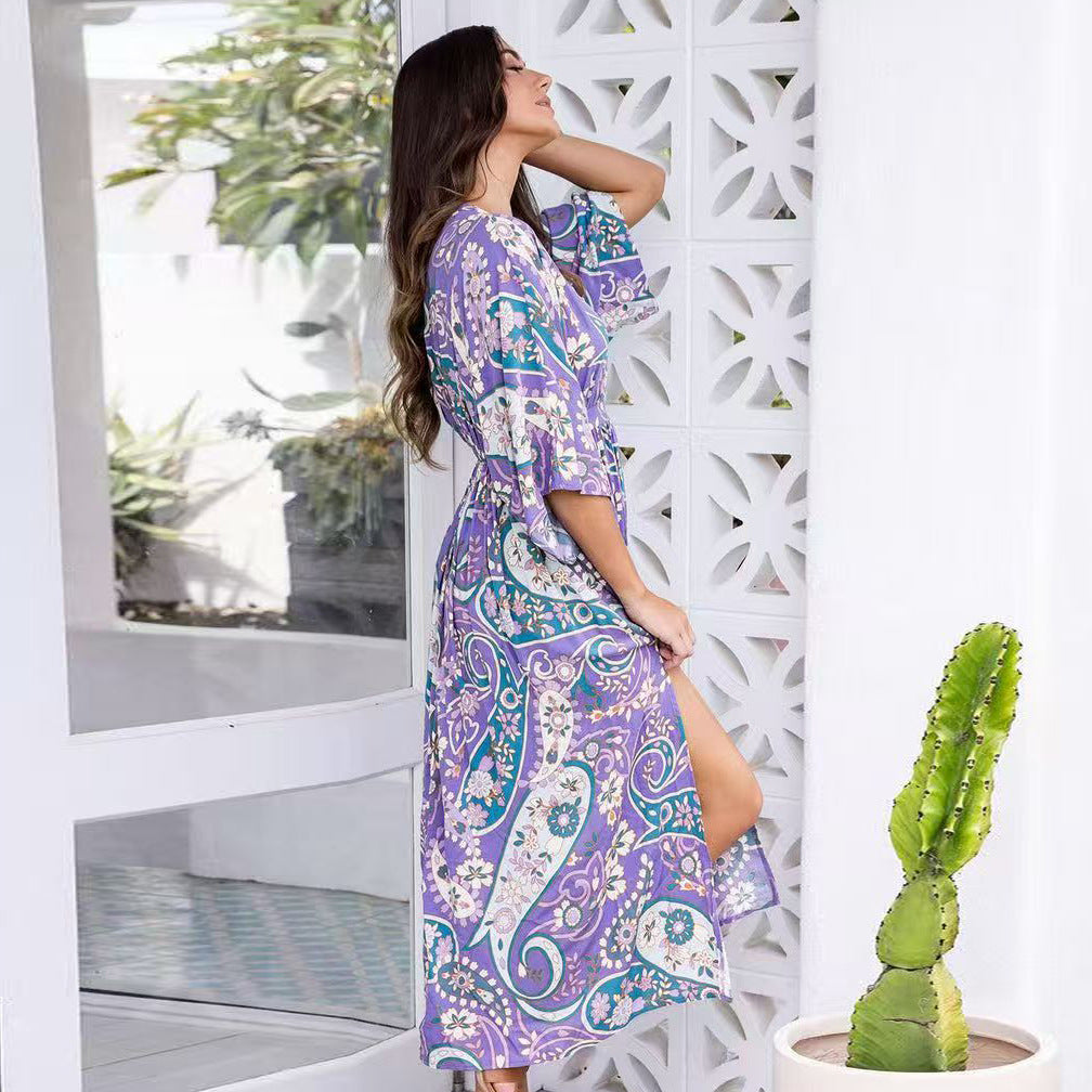 Summer Batwing Sleeve V neck Waist Slimming Maxi Dress Beach Holiday Dress JoyMer