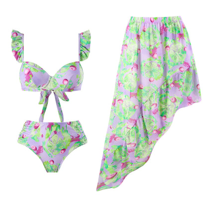 Conjunto de traje de baño de tres piezas con abertura y realce, sexy, para vacaciones de primavera, estampado
