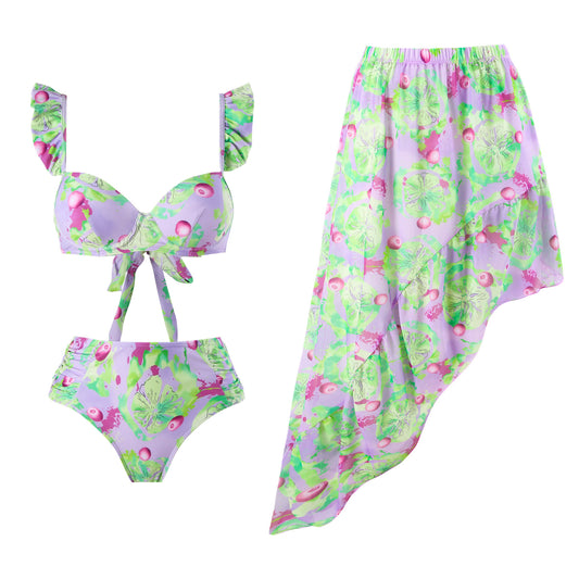 Conjunto de traje de baño de tres piezas con abertura y realce, sexy, para vacaciones de primavera, estampado
