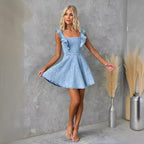 Ladies Summer Casual Flying Sleeves Backless Denim Dress YooYoung