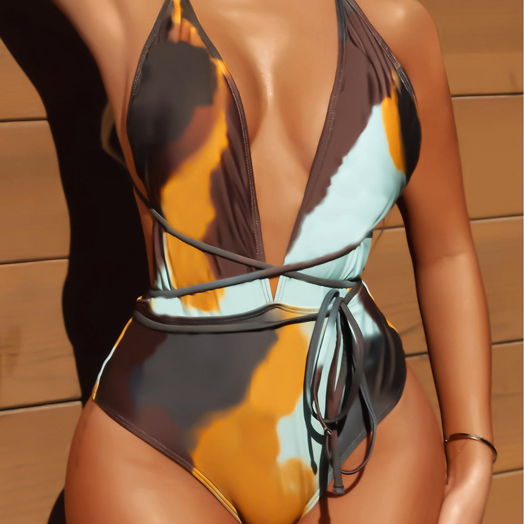 Women One Piece Lace Up Swimsuit Tie Dyed Sexy Bikini Fantastic