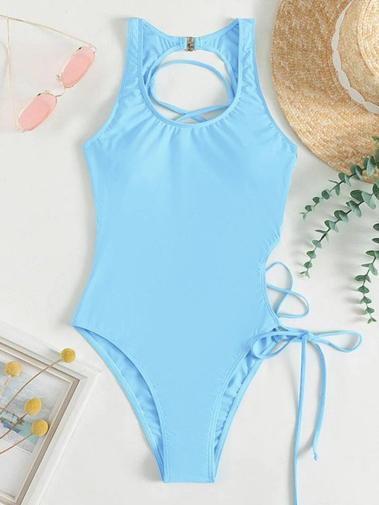 Traje de baño sexy de color sólido atado para mujer, bikini triangular de playa.