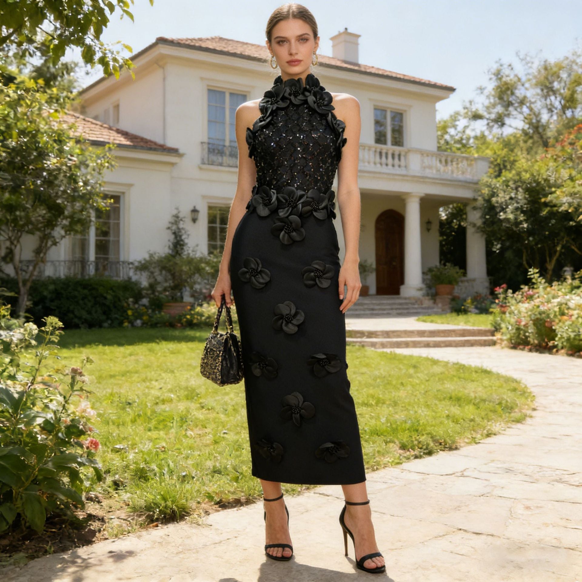 Summer High Grade Sleeveless Sheath Dress Three Dimensional Floral Beaded Slim Slimming Sheath Dress Women Sailfish